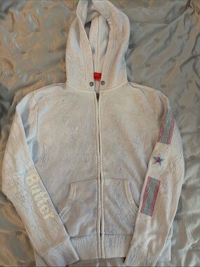 Butter Girls White Zip Hoodie with Pink & Teal Star Sleeve